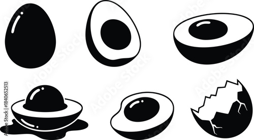 Flat design black and white egg icon set showing whole halved cracked eggs with yolk and shell close up top view isolated kitchen vector illustration minimal