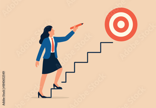 Create stair to success, growth or growing career path, planning for self improvement or leadership motivation, self made success concept, confidence businesswoman draw stair to climb up for success.
