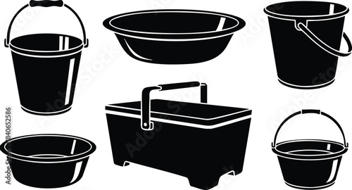 Flat design silhouette icon set of buckets and basins side view and top view black container shapes isolated on white background close up vector art