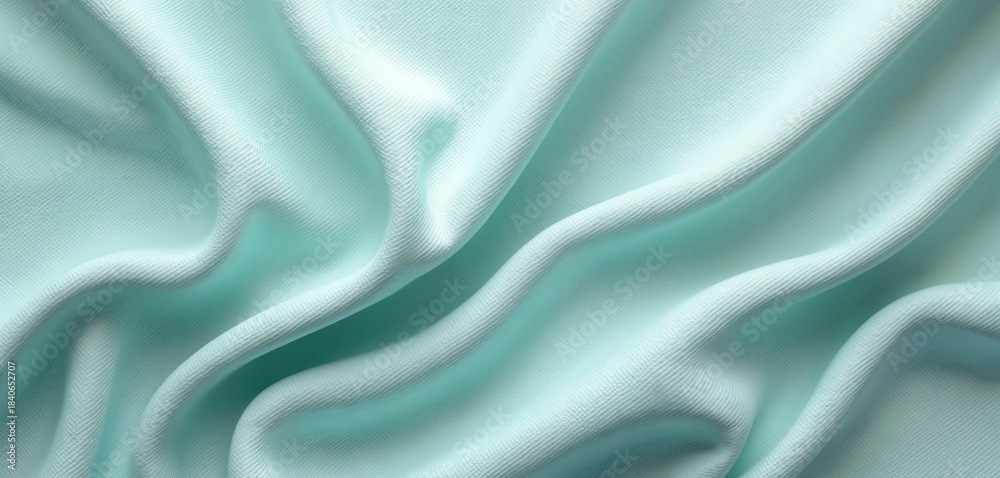 Obraz premium Light teal fabric shows soft drapes, elegant folds, creating subtle shadows. Smooth textured textile gentle ripples, offering calming background. Clean material perfect for design projects, product