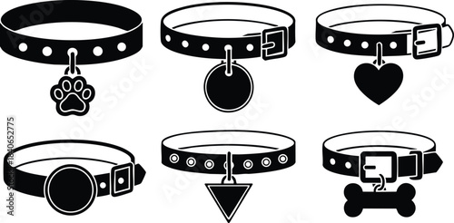 Flat design set of six pet collars with paw tag round tag heart tag triangle tag bone tag and plain band black silhouette icons close up