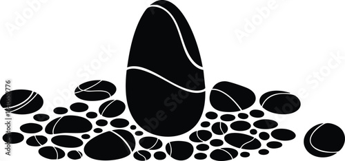 Flat design silhouette close up of single large coffee bean resting on scattered smaller beans on white background high contrast bold graphic minimalist vector icon perspective