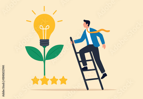 Creativity idea, solution or persuade success, climb up career ladder or business growth, improvement progress, personal development concept, businessman climb up ladder to reach lightbulb grow plant.