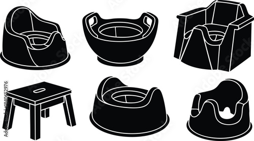 Vector icon set of six child potty seats and toddler booster chair silhouettes front and three quarter view isolated on white background flat line art illustration