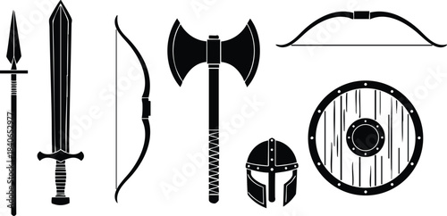 Flat silhouette icon set of medieval weapons arranged horizontally showing spear sword bow double headed axe helmet and round shield bold monochrome vector art for branding