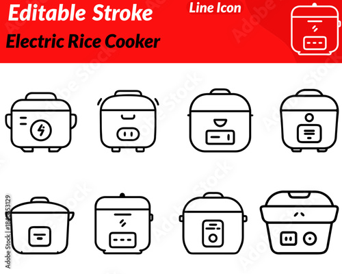Minimal electric rice cooker icon with a rounded pot body hinged lid. Steam vent and a small digital control panel. Designed with smooth clean lines to represent home cooking kitchen appliances.