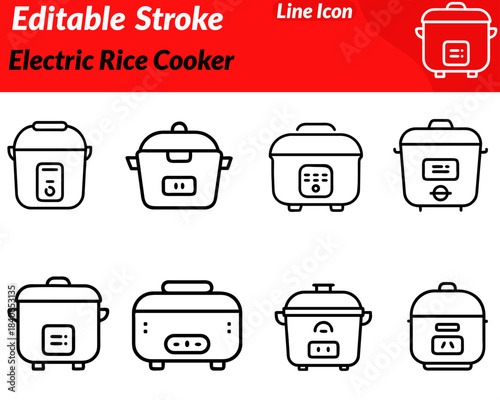 Minimal electric rice cooker icon with a rounded pot body hinged lid. Steam vent and a small digital control panel. Designed with smooth clean lines to represent home cooking kitchen appliances.