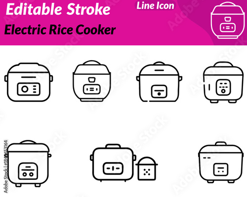 Stylized electric rice cooker icon with a smooth cylindrical body. Secure lid top steam vent and a front-facing control panel. Presented in a simple minimal line style to represent kitchen appliances.