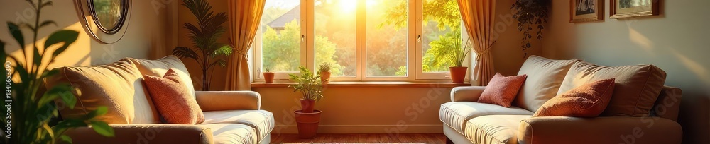 Fototapeta premium Warm, inviting home interior, sunlight streaming through window, cozy furniture, peaceful atmosphere, perfect for relaxation and family time , domestic, bright, house