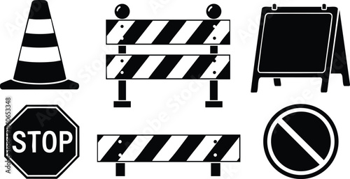 Flat icon set showing black silhouette traffic safety signs cone striped barricade sandwich board stop sign round prohibition symbol isolated white background close up minimal simple