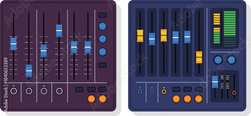 Professional audio mixing console illustration vector, sound recording studio equipment, digital music production desk, volume sliders, mixing board, broadcast, podcast, live event, creative graphic.