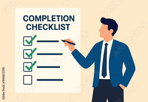 Criteria checklist report, evaluation list, complete checkbox, finish work, to do list or task done, quality assurance control, checkmark concept, businessman put tick on completion checklist.