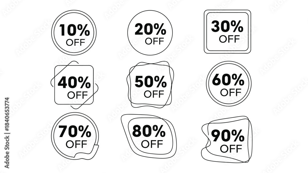 Obraz premium Various discount offer badges and labels displaying percentage sales promotions from ten to ninety percent