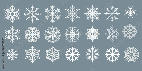  Snowflake crystals and winter snow flakes, ornaments for Christmas holiday decorations featuring snowy patterns, different shapes festive cold stars, seasonal decor  flat vector illustrations set