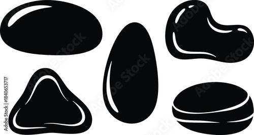 Flat design close up assortment of six coffee bean silhouettes in bold black on white background isolated high contrast graphic vector illustration top view simple shapes