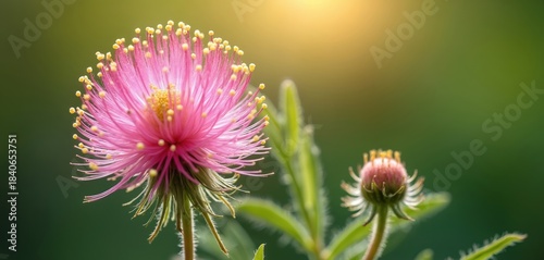 Pink Mimosa Pudica flower with tiny yellow pollen anthers opens its petals. Buds of sensitive plant are visible. Soft sunlight illuminates green garden background. Nature beauty detail.