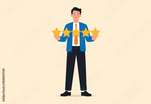 Customer experience, best score rating, client feedback or consumer review, 5 stars rating, like or positive survey, customer satisfaction concept, happy young adult customer holding 5 stars rating