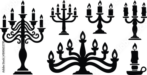 Silhouette vector candelabra and candle chandelier set with lit flames ornamental bases multiple angles isolated on white background dramatic contrast side front close up vintage retro