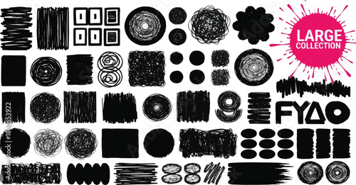 Large collection of various black grunge textures and shapes isolated on white background