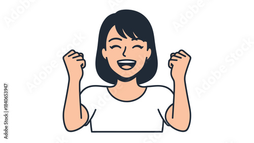 A joyful woman with dark hair celebrates a victory with a triumphant pose and expression