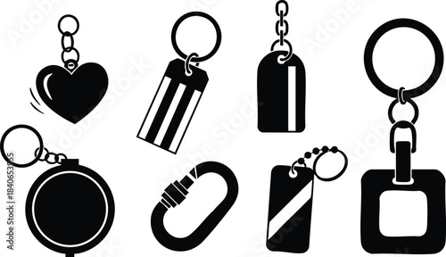 Flat design icon set top view nine keychain silhouettes and tag shapes heart dog tag carabiner round square rectangular black minimalist composition simple bold graphic icons
