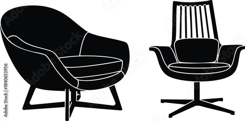 Minimalist flat vector side view mid century modern lounge chair with wooden legs and swivel armchair facing forward isolated on white clean silhouette monochrome bold simple