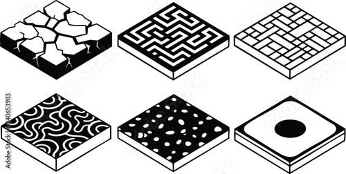 Isometric line art six patterned square tiles top view showing cracked stone maze brick swirl dot and target designs for texture set minimal monocolor bold ornamental
