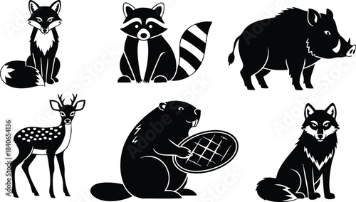 Flat design black silhouette set of seven woodland animal icons front facing fox raccoon wild boar deer beaver wolf sitting isolated on white background vector graphic