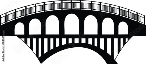 Flat design front view arched pedestrian bridge silhouette with five rounded arches top railing detailed close up black and white vector graphic isolated simple ornamental pattern