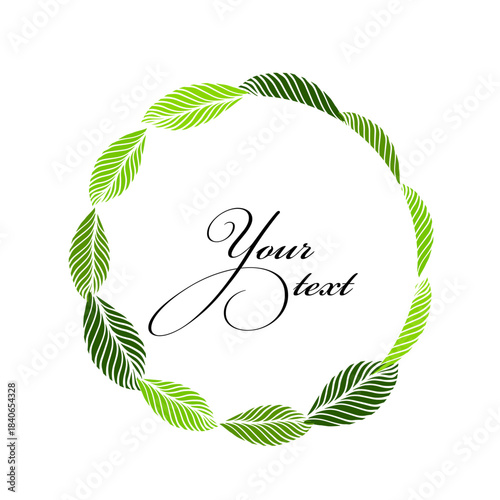 Elegant round frame made of green leaves. Hand drawn. Not AI, vector illustration.
