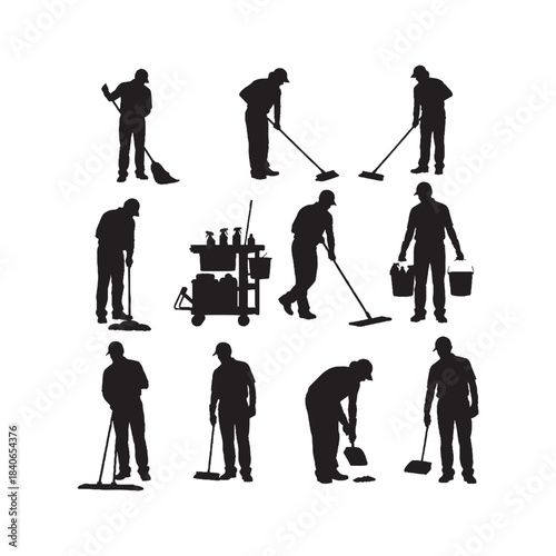 Janitor With Different Poses Silhouettes Collection,Janitor Poses Silhouettes,Vector Janitor Silhouette Set,Cleaning Worker Mopping Sweeping Silhouettes,janitor vector