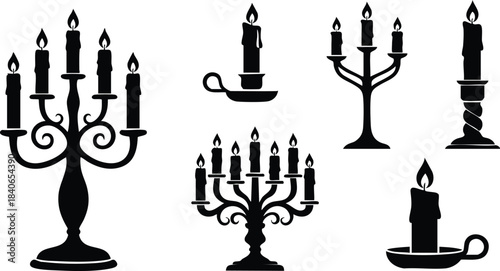 Silhouette vector collection of vintage candelabras candlesticks and single candle holders shown in multiple angles with lit flames high contrast minimalist icons elegant decorative ornate antique