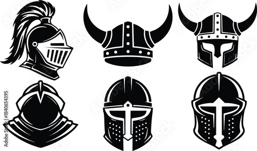 Flat design collection of six medieval and viking helmet silhouettes front and side views for logo icon set bold monochrome heraldic style vector isolated badge illustration