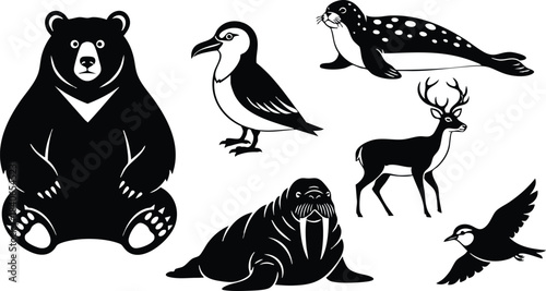 Silhouette animal icon set black and white vector art showing sitting bear facing forward walrus with tusks seal lying deer standing bird flying flat design minimal