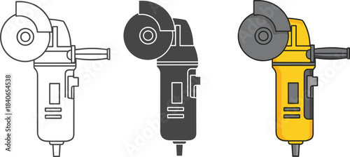 Angle grinder vector illustration set isolated on white background collection of electric hand tool for grinding and polishing in different styles