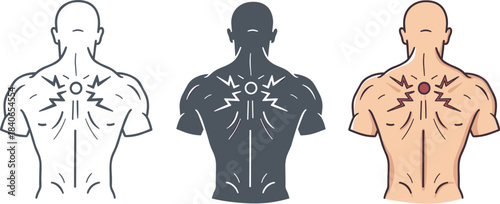 Illustration of a mans back with a pain point in the upper back, shown in three different styles isolated on white background