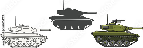 Three tank illustrations showcase design evolution, from a line drawing to a silhouette and a detailed green version, isolated on white background