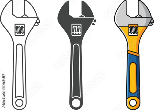 Adjustable wrench set isolated on white background collection of hand tools for repair, construction, plumbing, and mechanical work vector illustration