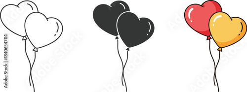 Two heart shaped balloons in different styles isolated on white background hand drawn outline, silhouette and colored versions of love symbol balloons