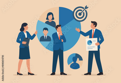 Customer segment analysis for marketing or advertising, target audience, consumer or user group, demographic data or profile to target concept, business team analyzing customer segment pie chart.
