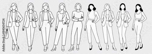 Business people line cad art. Vector illustration of business men and women standing walking talking working in front back and side view. Symbol for architecture and landscape design drawing.