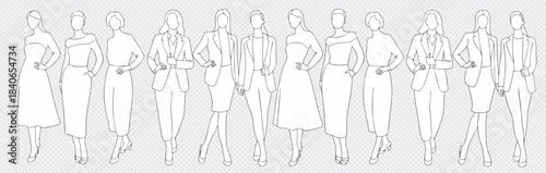 Detailed Black and White Line Art of Diverse Adults Walking, Standing, and Using Phones