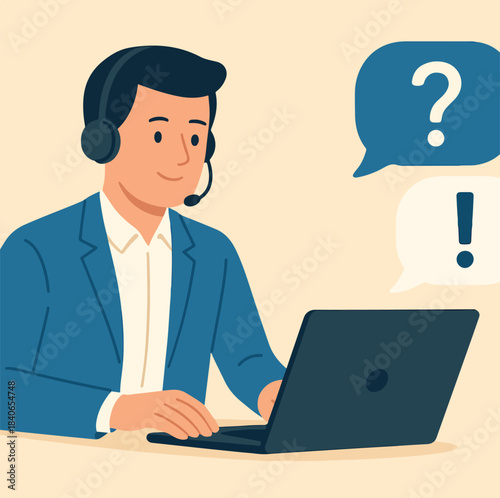 Customer service support or help desk to solve customer problem, assistant agent professional, online representative help customer solving problem, help desk staff talk on headset on computer laptop.