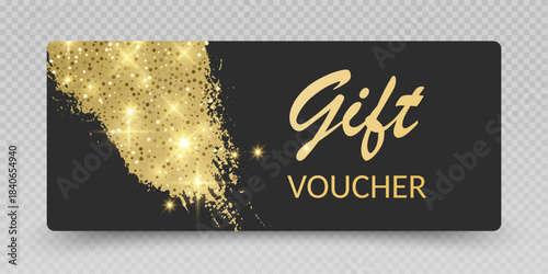 Elegant Gift Voucher with Golden Glitter and Sparkles Gift card vector voucher mockup illustration, discount certificate coupon collection