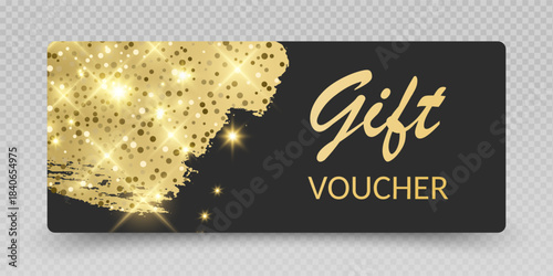 Elegant Gift Voucher with Golden Glitter and Sparkles Gift card vector voucher mockup illustration, discount certificate coupon collection