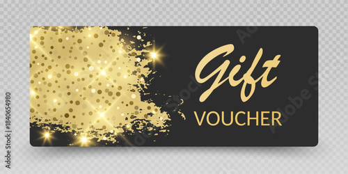 Elegant Gift Voucher with Golden Glitter and Sparkles Gift card vector voucher mockup illustration, discount certificate coupon collection