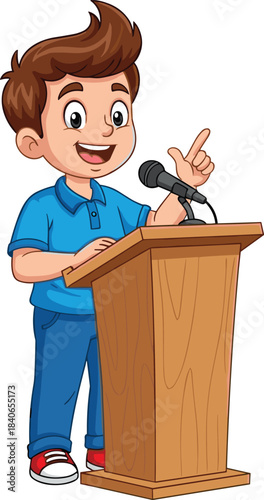 Cheerful young cartoon boy speaking confidently at a wooden podium with a microphone, gesturing with his hand, symbolizing public speaking, student presentation, and oratorical skills development.
