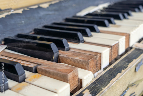Close-up view of vintage piano keys, showcasing worn wooden textures and aged ivory, highlighting the beauty of musical craftsmanship and nostalgia in a classic instrument