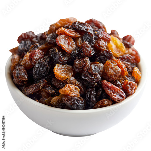 Png of bowl full of mixed raisins isolated on transparent background, a healthy and delicious dried fruit snack option
