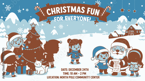 Festive Christmas Fun for Everyone: A charming scene of a Christmas event, with joyful children and festive decorations like christmas tree and santa.
